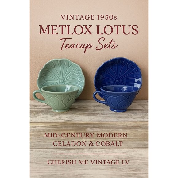 Vintage Metlox Lotus Teacup & Saucer Sets 1960s MCM Celadon & Cobalt Blue - Picture 1 of 11
